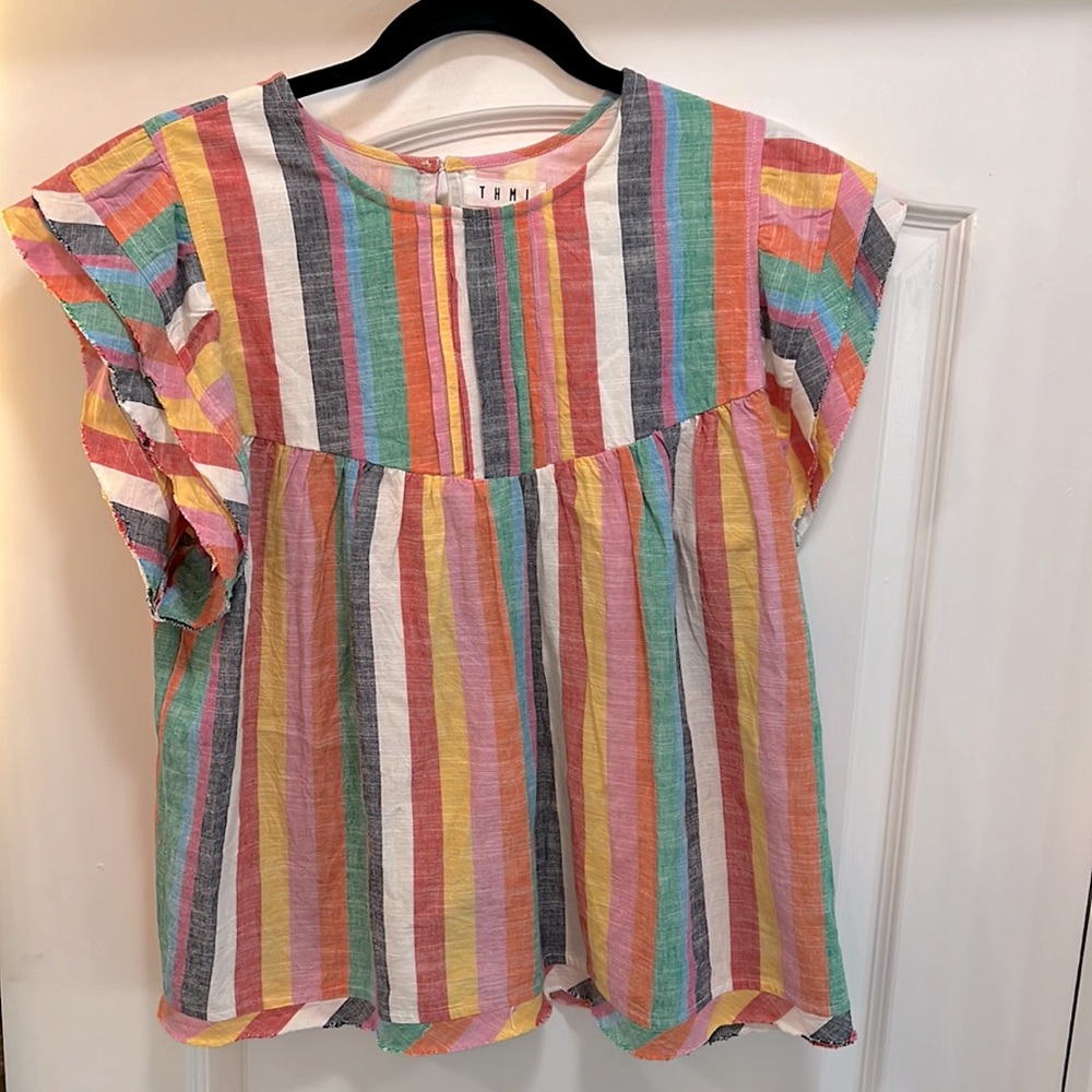 Ladies THML striped cotton riffle sleeve top